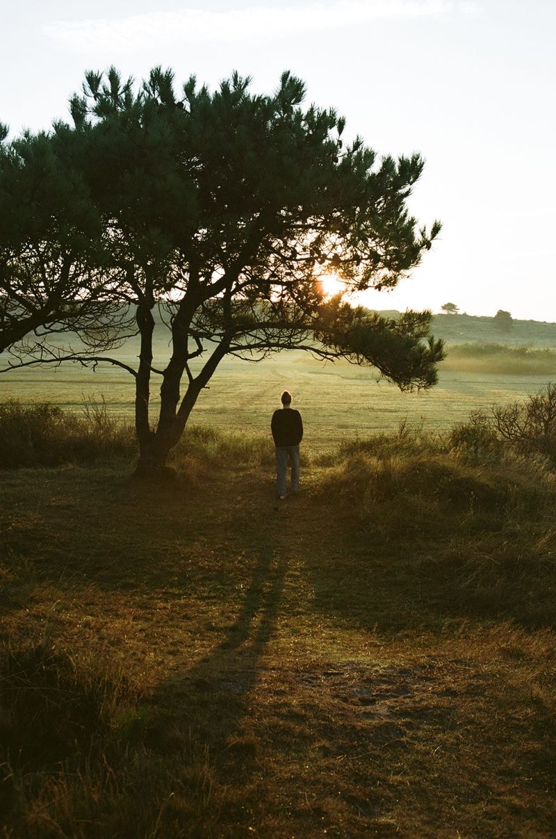 Meisje onder een boom bij zonsopkomst op Vlieland, met laagstaande zon en rustige natuur